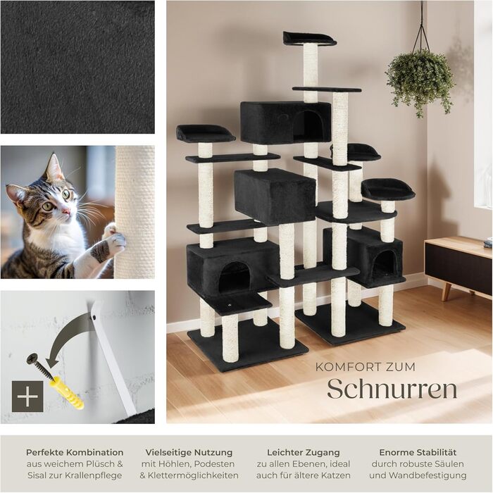 Тектейк® Кігтеточка для котів велика, кігтеточка з аксесуарами, XXL кігтеточка з 4 будиночками для котів, ігровий комплекс з кігтестолом, кігтевий стовп з сизалю, можливе кріплення до стіни - сірий (Чорний | № 403921)