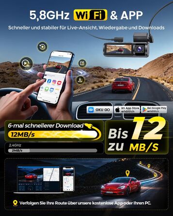 3-канальний автомобільний відеореєстратор GKU C300 4K+1080P+4K, передня, салонна та задня камери, 5.8G WiFi, чорний