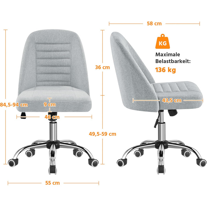 Офісне крісло Yaheetech без підлокітників, обертове з роликами, регульоване по висоті, для роботи та макіяжу (сірий, тканина)