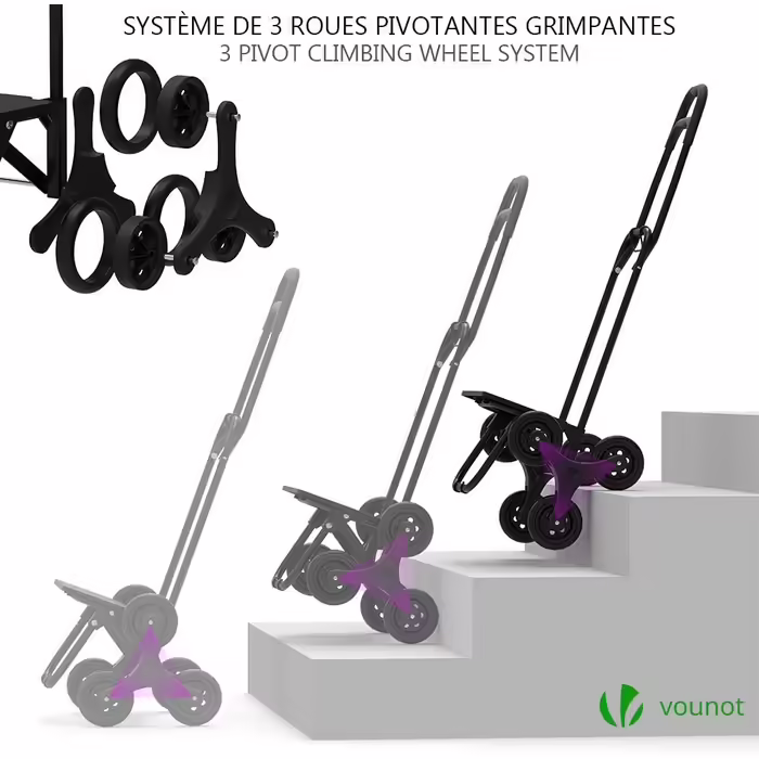 VOUNOT Folding Shopping Trolley with Stair Climber, 3-Wheel Folding Shopping Cart, Shopping Roller Trolley, Removable & Waterproof Black