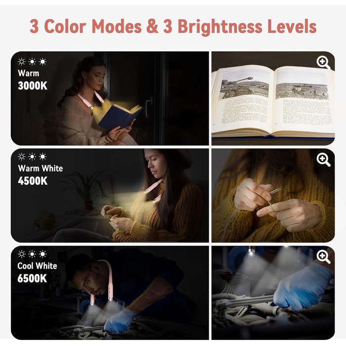 Лампа для рукоділля Diboniur на шию, акумуляторна, 3 кольори світла, 3 рівні яскравості, гнучка, USB для читання, в'язання, кемпінгу (Рожева)