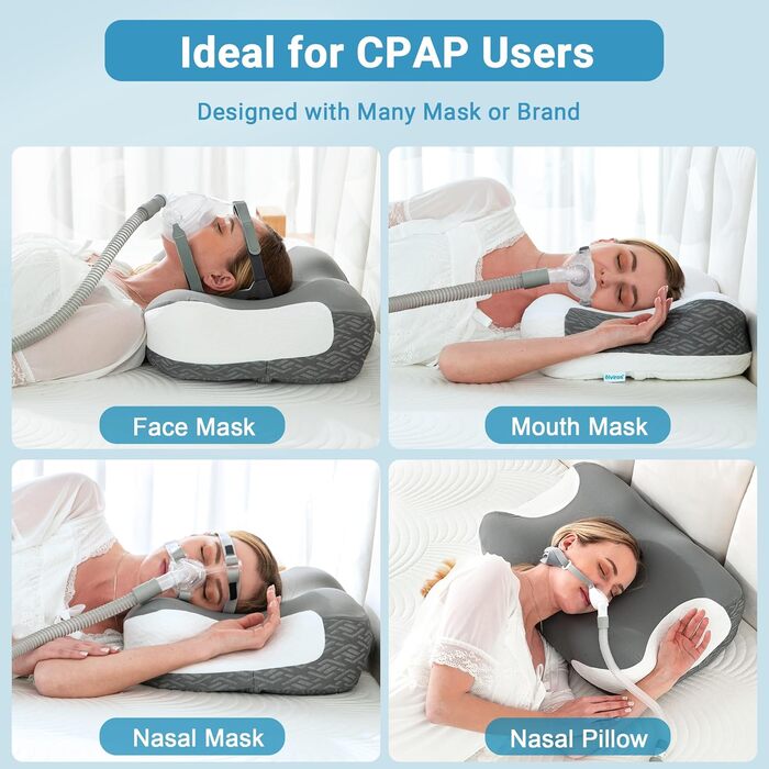 Подушка CPAP Elviros з піни Memory Foam для сну на боку, регульована по висоті та жорсткості, сумісна з масками, сіра (Нейлон, Еластан)
