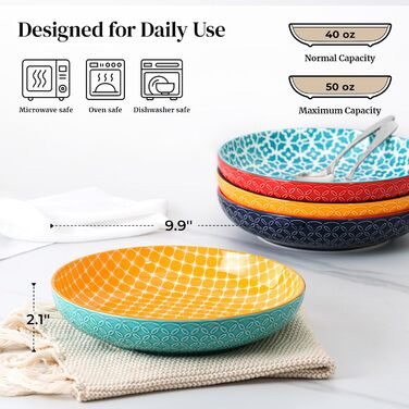 Набір глибоких тарілок DOWAN (4 шт.) Ø 25,2 см, кераміка, 1480 мл. Ідеально для супу, пасти, салату. Яскраві кольори.