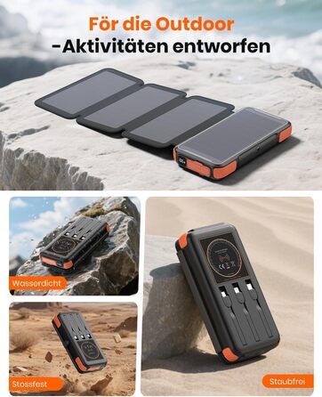 Портативний зарядний пристрій A ADDTOP Solar 25000mAh з сонячною панеллю, 20W, USB-C, 3 кабелі, для кемпінгу та подорожей