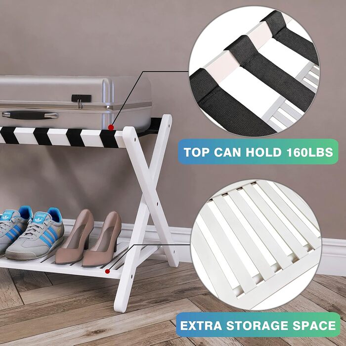 SMIBUY Luggage Rack, 2-Pack, Foldable Bamboo Suitcase Stand with Shelf for Guest Room, Bedroom, Hotel, Heavy-Duty (White)