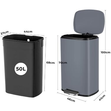 Відро для сміття LIFERUN 30л з кришкою, з м'яким закриттям, сталеве, з внутрішнім відром, для кухні, ванної кімнати, офісу (L-50L, сірий)