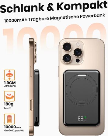 Портативний зарядний акумулятор SOARAISE 10000mAh з PD 20W, USB-C та бездротовою зарядкою, LED дисплеєм, чорний