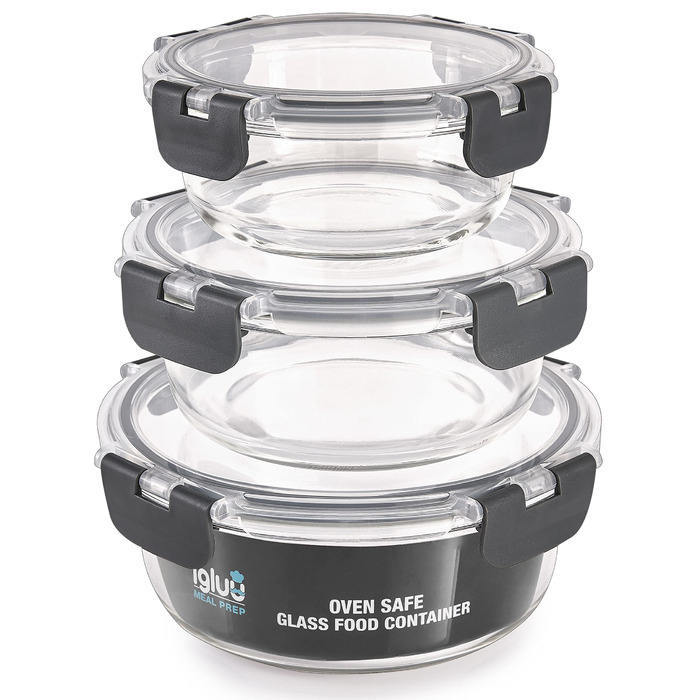 Контейнери для їжі Igluu Meal Prep, скляні, набір 3 шт (400/650/950 мл) - BPA-free, мікрохвильовка, духовка, морозилка, посудомийка