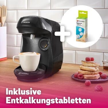 Кавомашина Tassimo Happy TAS1002N від Bosch: понад 70 напоїв, автоматична, для будь-яких чашок, компактна, 1400 Вт, антрацит (чорний). Включає декальцинатор.