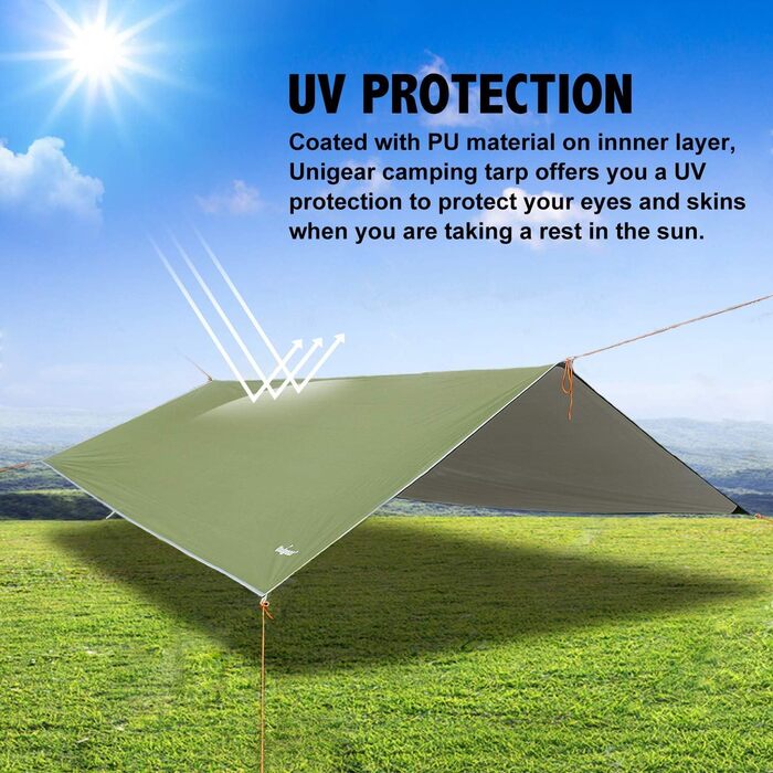 Тент Unigear 3x3/3x4/3x5/4x4 м, водонепроникний, для кемпінгу, гамака, з люверсами, 6/8 кілочків, мотузок, захист від сонця та дощу, компактний, армійний колір