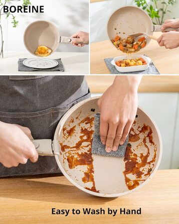 Набір посуду BOREINE 14 предметів: каструлі та сковороди з антипригарним гранітним покриттям (PFOA-free), знімні ручки, для всіх типів плит (індукція, склокераміка, газ, духовка), коричневий