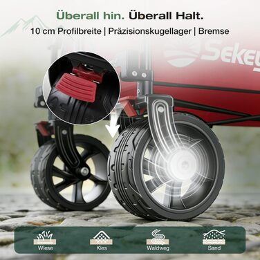 Універсальний візок Sekey XXL Plus 200L/200кг: Складаний, гальмівний, позашляховий, червоно-сірий, колеса 10 см