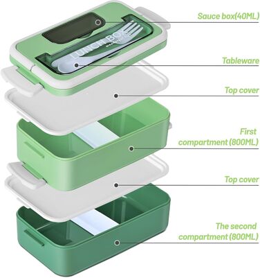 Anykuu Lunchbox 1600ML Lunchbox with 2-4 Flexible Compartments Bento Box with Spoon, Fork & Spice Box Lunchbox for Kids for Microwave, Dishwasher Lunchbox Kids for School, Work, Picnic, Green