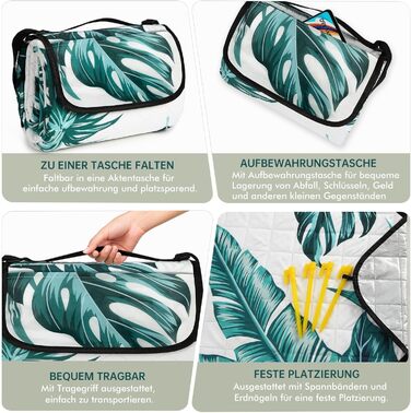 Плед для пікніка HAUSPROFI 200x300 см, водонепроникний, ізольований, зелений з квітковим малюнком. Для пляжу, кемпінгу, з ручкою та кілочками