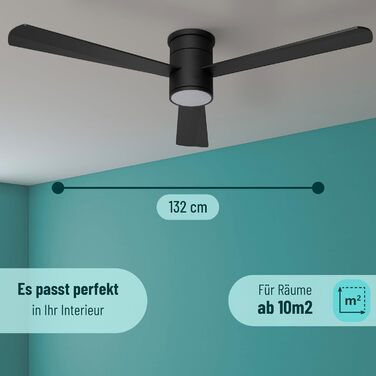 Стеляний вентилятор Noaton® Fornax Weiß з підсвічуванням, діаметр 132 см, DC двигун 40 Вт, регульоване LED-модуль 22 Вт, 3 колірні температури, пульт дистанційного керування, таймер, потік повітря до 185 м³/хв (Zoya BB)