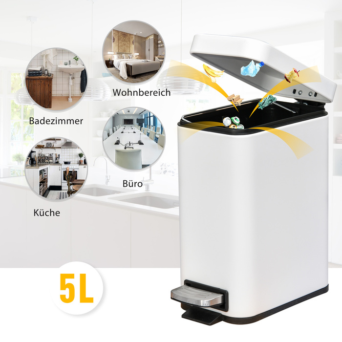 HOMCOM 5L Step Trash Can, Cosmetic Can, Waste Bin with Lid and Foot Pedal, Trash Container with Inner Bucket, Bathroom Trash Can for Living Room, Office, Metal, White, 29.2 x 14 x 32 cm | Aosom