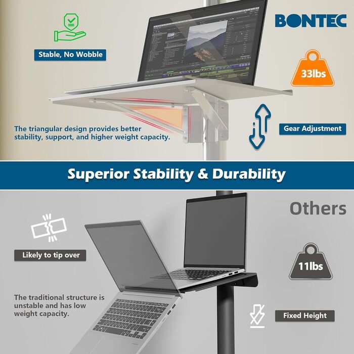 BONTEC Mobile TV Stand for 23-60 inch Plasma/LCD/LED TVs with Laptop Shelf - Adjustable Height, VESA 400x400, 25kg Capacity