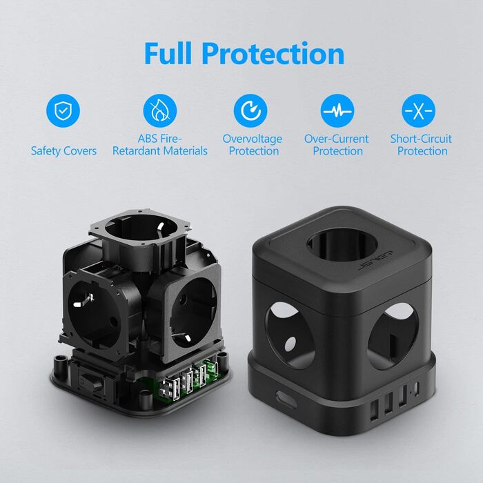 Сетевой фильтр JSVER Cube 5-fach с USB, 2м кабель, белый/черный. 3680W, 16A, 4 USB зарядки (17W) для офиса, дома, в дорогу.