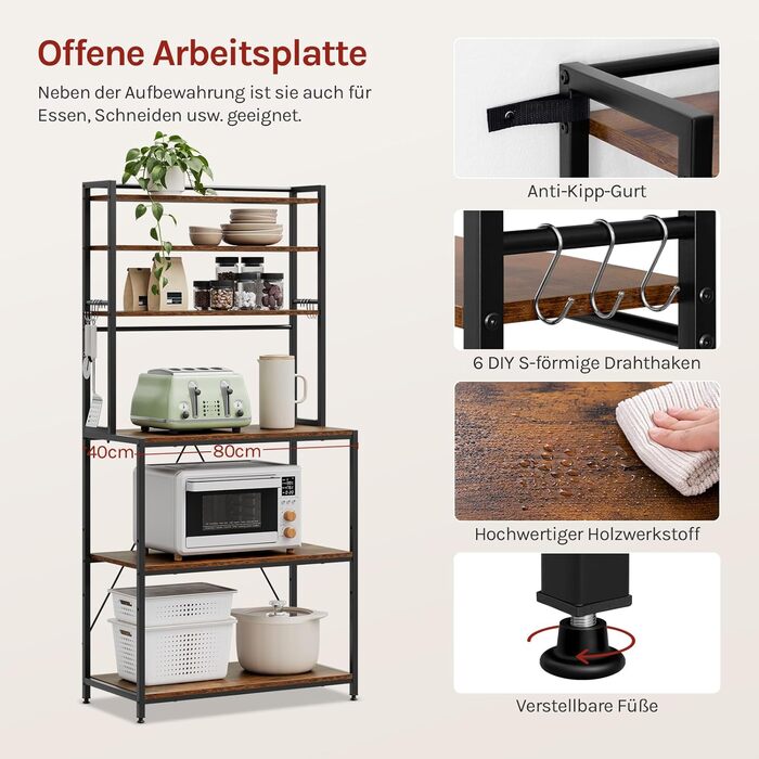 Стелаж кухонний WOLTU з 6 полицями, металевий з інженерної деревини, 60x167x40 см, коричневий+чорний