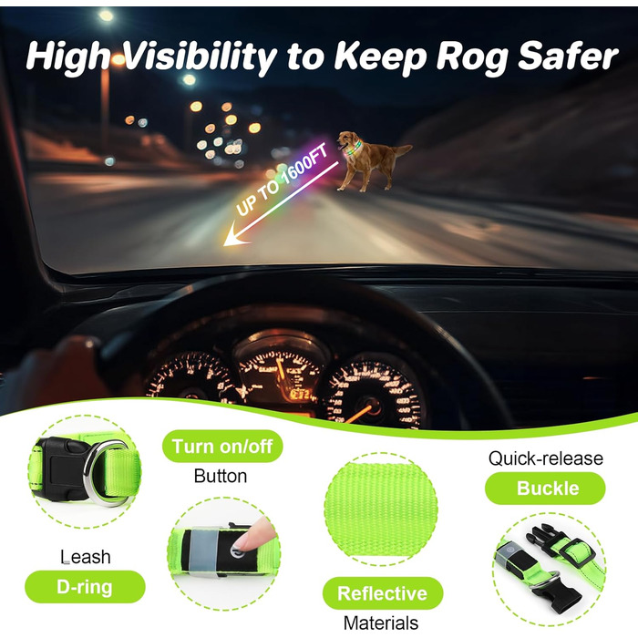 Світлодіодна нашийник для собак Feycig з USB-зарядкою - водонепроникний, регульований, 3 режими, для малих, середніх та великих собак (світло-зелений, M(38-50см))