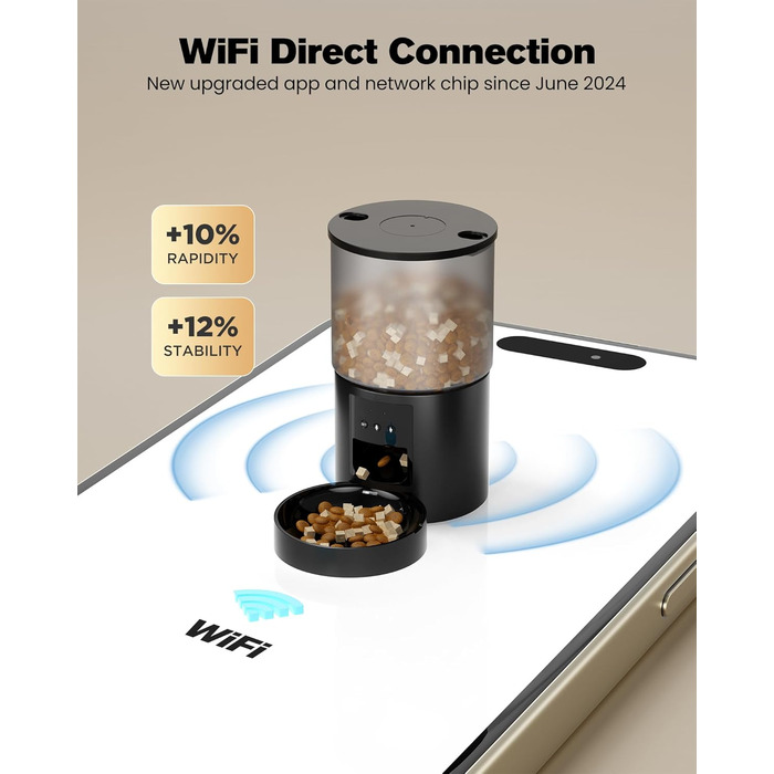 Автомат годування котів, Wi-Fi, 6л: програмований диспенсер для котячого корму з керуванням через додаток. Підходить для собак та котів, чорний.