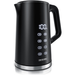 Електричний чайник Arendo з регулюванням температури, нержавіюча сталь, подвійні стінки Cool Touch, дисплей, бездротовий, 2200 Вт, 1,7 л, захист від перегріву, функція підтримання тепла, чорний