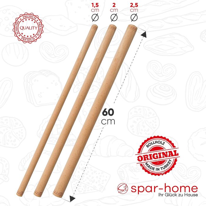 spar-home Turkish Rolling Pin - Traditional Dough Roller Made of Beechwood Handmade Wooden Rolling Pin Oklava (3er_60cm)