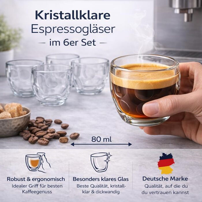 Набір скляних чашок для еспресо 80мл (6 шт.) - міцні скляні чашки для еспресо, мокко, сумісні з кавомашинами