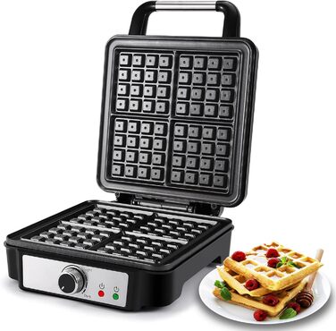 YASHE Belgian Waffle Maker - 4 Square Waffle Plates, 1200W, Non-Stick Coating, Adjustable Browning Control, Overflow Prevention, Silver/Black