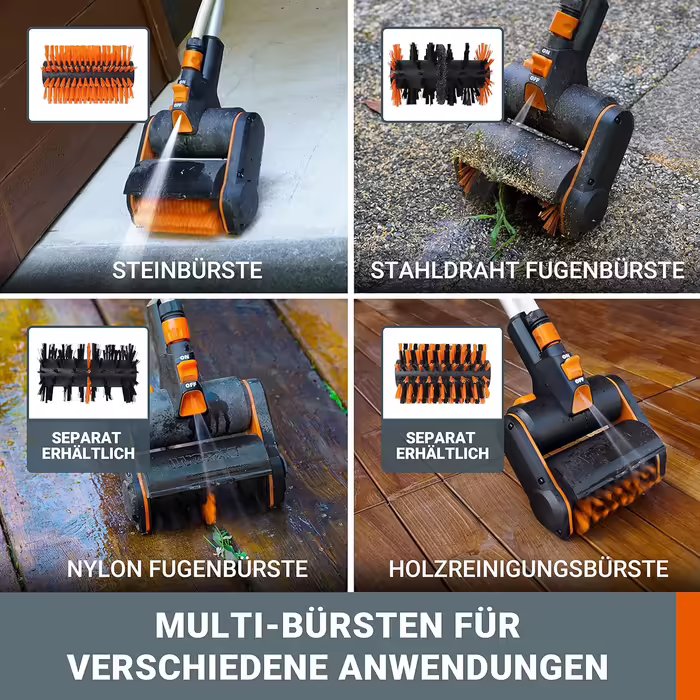 WORX WG441E.9 20V Cordless Multi-Brush - multifunctional surface brush for cleaning stone & wood surfaces & weed removal - integrated water connection - PowerShare compatible - without battery & charger