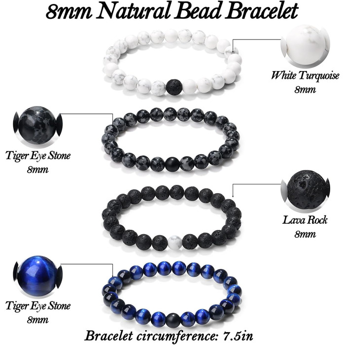 Чоловічі браслети з натурального каміння: тигрове око, лава, онікс, бірюза, лазурит (3-4 шт.)