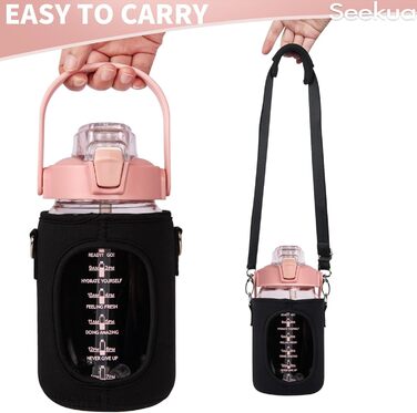 2l Glass Bottle | Drinking Bottle Glass with Straw & Time Marking, Leak-Proof 2 Liter Large Glass Water Bottle for Smoothies, Carbonated Drinks Suitable, Dishwasher Safe (Pink, 1000 ml)