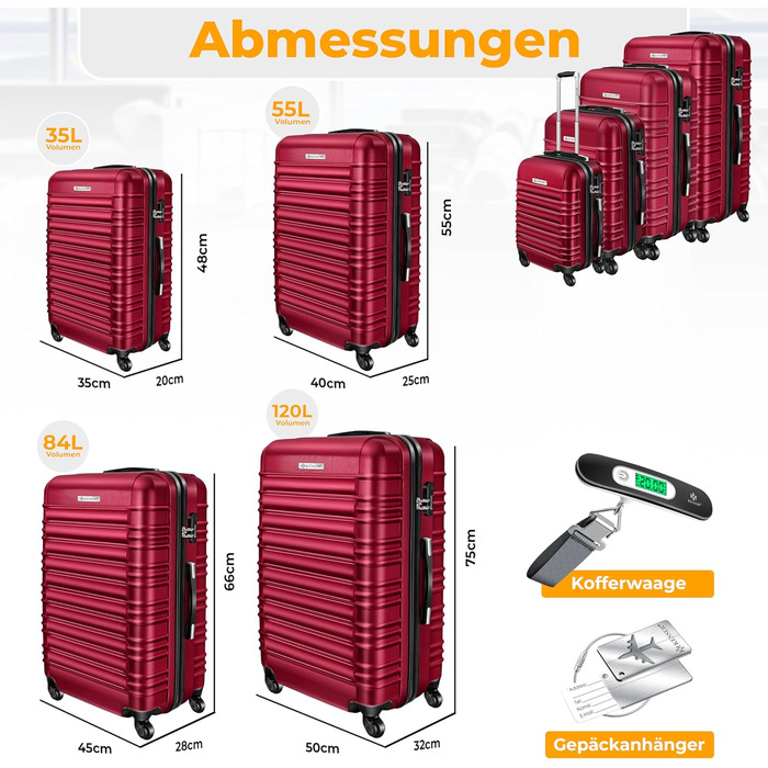 Набір валіз KESSER® з твердим корпусом (4 шт) – Bordeaux. Валізи з ABS-пластику, телескопічною ручкою, 4 колеса, ваги та брелок для багажу. Розміри: S, M, L, XL