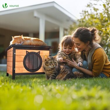 Будинок для котів VOUNOT® з асфальтовим дахом, вулиця, 57 x 45 x 43 см (дерево, вушка кота)