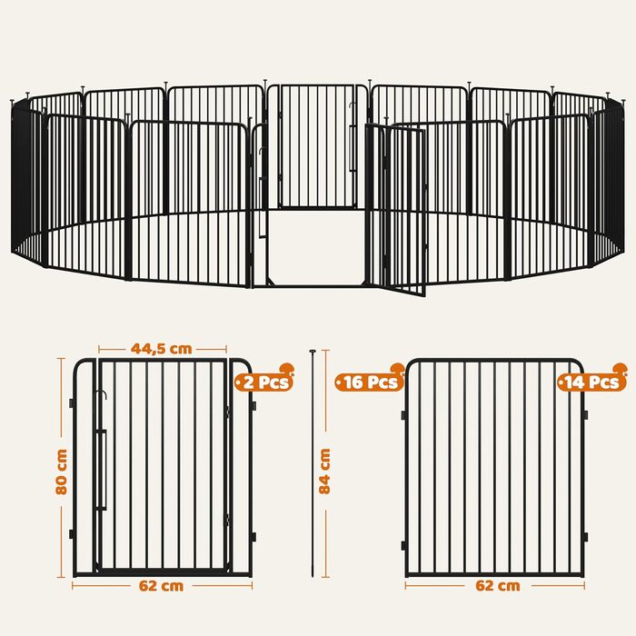 Вольєр для цуценят Yaheetech 16-секційний з замком, захистом для підлоги та металевим дротом 8 мм, 80 см, для квартири та саду