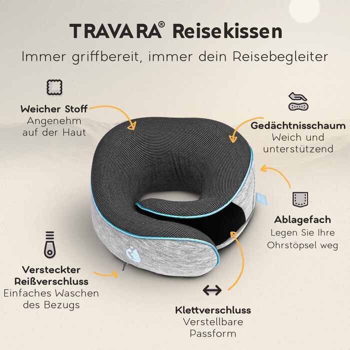 Подушка для шиї TRAVARA - Memory Foam - для подорожей літаком та автомобілем. Сіра подушка-воротник для комфортних тривалих поїздок.