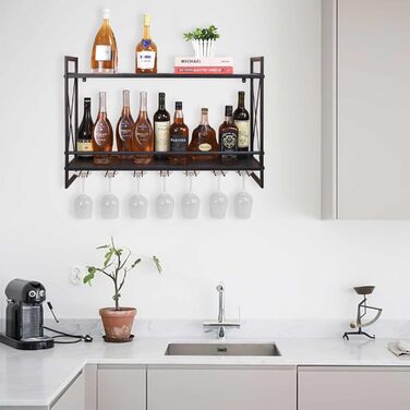 Industrial Wall Wine Racks with Glass Holder, 31.5 Inch Rustic Metal Multi-Purpose Shelves, 2-Tier Wall Mount Hanging Shelf, Wine Rack, Wine Accessories, Bottle Holder, Glass Shelf, Wall Shelf
