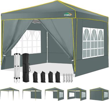 COBIZI Pavilion 3x3 Waterproof Stable Winter-Proof Party Tent, Folding Pavilion 3.0, 100% Waterproof and UV 50+ Portable High-End Portability Garden Pavilion, (Gray, 3x3 with 4 Side Walls)