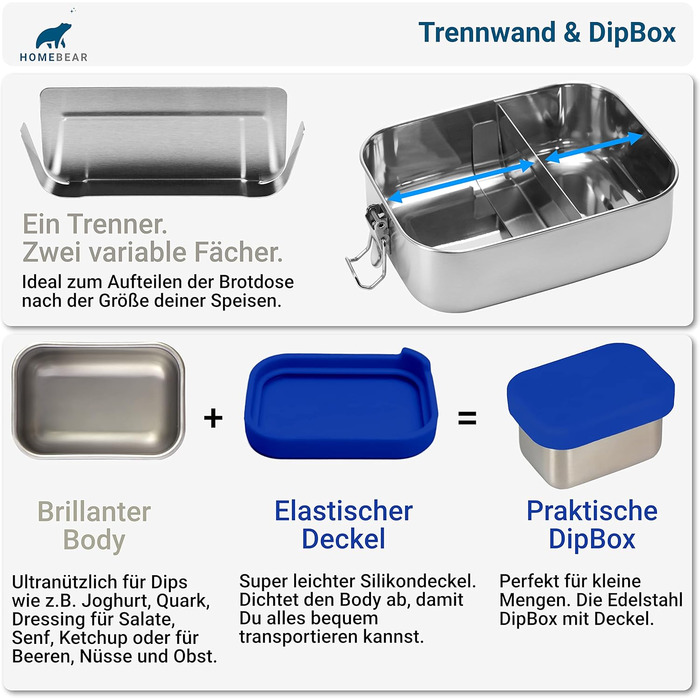 Stainless Steel Lunch Box | Lunchbox for Kids | 800 ml | Set with Dip Container 65 ml | Sliding Divider | Leak-Proof and Plastic-Free | Bread Box Snack Box