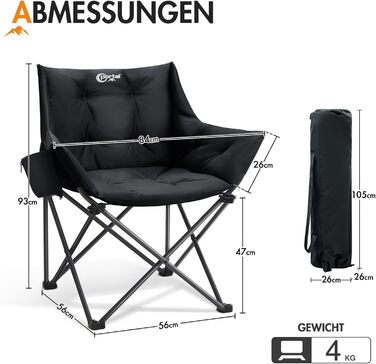 Крісло для кемпінгу складне, XXL, чорне, 150 кг, з підлокітниками, м'яке, для відпочинку на природі