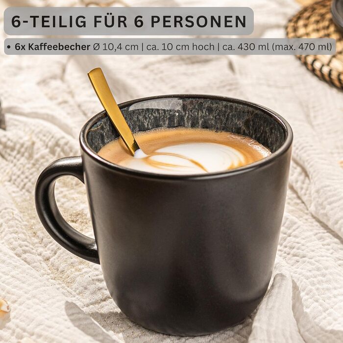 Набір кавових чашок Sänger Sydney (6 шт.) з кераміки, 430 мл, сірий, для кави та чаю, миючі в посудомийній машині, для мікрохвильової печі