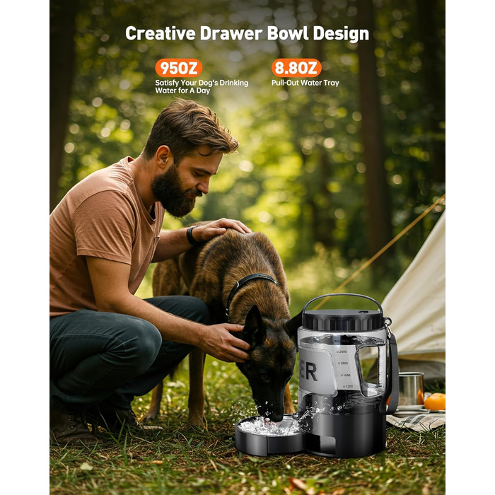 ЛесоТК 2200 мл Поїлка для собак, Переносна велика поїлка для собак – для подорожей, кемпінгу, великих собак (2.8л, чорна)