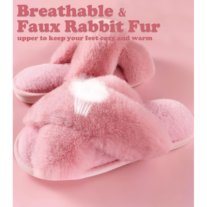 Тапочки жіночі Ankis з плюшу, теплі зимові, з перехресними ремінцями, з піною Memory, відкриті пальці, пухнасті, для дому та вулиці (білі, чорні, сірі, рожеві, верблюжі), 38/39 EU, рожеві