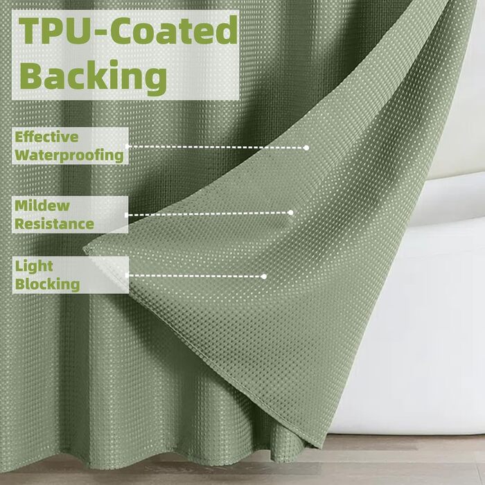 Шторка для душу з тканини Вафле, зелена, 183x183 см, з гачками, водонепроникна, для готелю