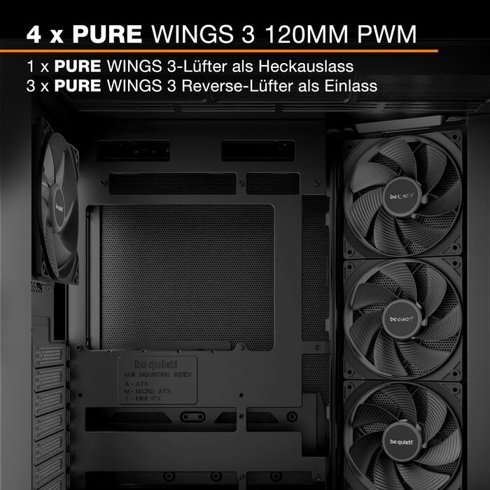 Корпус для ПК be quiet! Light Base 500 Black з повністю прозорими передньою та бічною панелями, Show Case, Dual Chamber Design, 4 вентилятори Pure Wings 3 PWM, без RGB, роз’єми на задній панелі