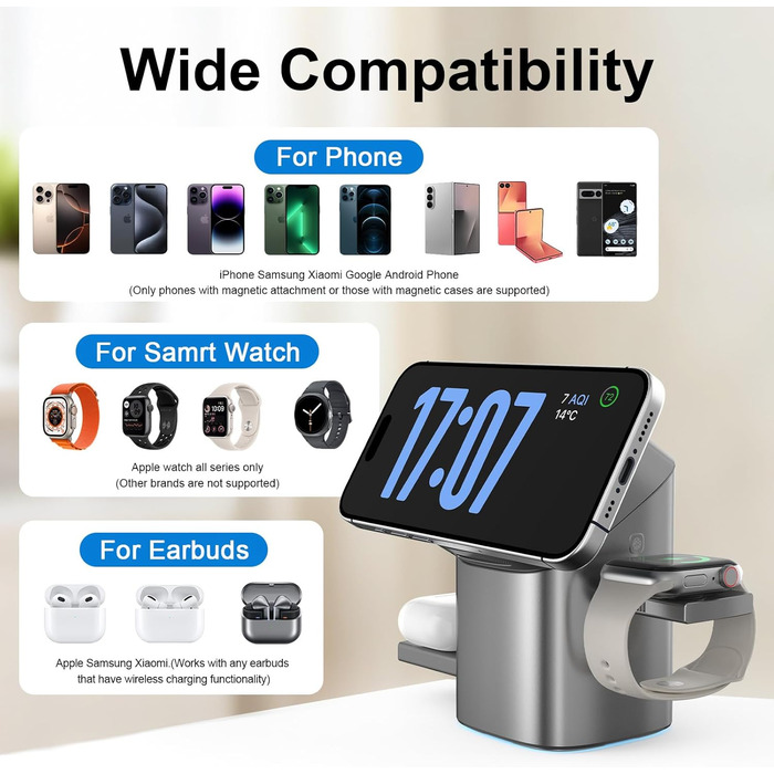 Зарядна станція QI2 3-в-1: бездротовий зарядний пристрій для iPhone, AirPods, iWatch з охолодженням та тримачем, 33W адаптер, срібний