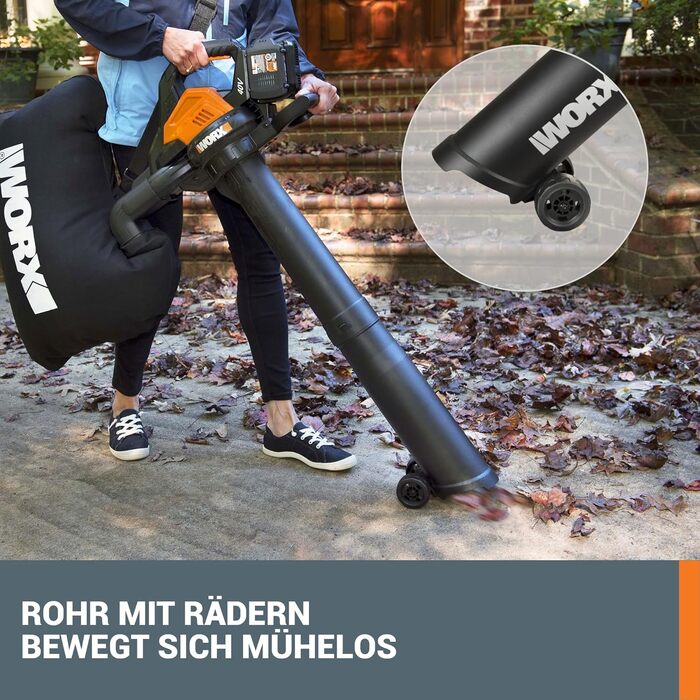 WORX WG583E.9 40V(2x20V) Cordless Leaf Blower/Vacuum - 2 in 1 for Raking & Vacuuming Leaves - 35L Collection Bag - No Battery or Charger Included, Black / Orange