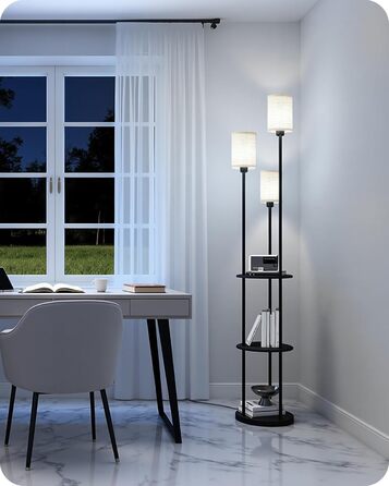 Стельова лампа для вітальні з поличкою, 3-хламкова лампа на ніжці з полицею Vintage, Бохо підлогова лампа з дерева з вимикачем на ніжці, патрон E27, ретро-дизайн, рустикальний коричнево-бежевий колір ZEF53LDD05 (Бежевий, Чорний)