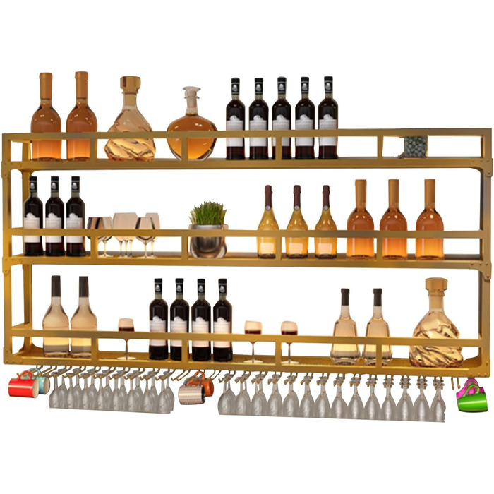 Настінна вітрина для вина з металу з підсвічуванням, 3 яруси, 100 см, чорний/золотий