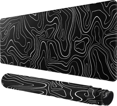 Великий килимок для столу 800x400 мм - ігровий килимок для миші з прошитими краями, неслизька підкладка, килимок для клавіатури та миші Black & White Abstraction (Топографічна лінія)